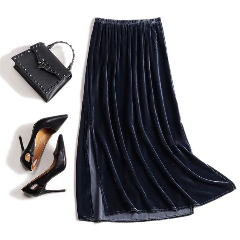 Autumn Women Solid Velvet Skirts High Waist Split Elegant Long Skirt Stylish Female Bottom vestidos 10 Colors Blue Black Purple