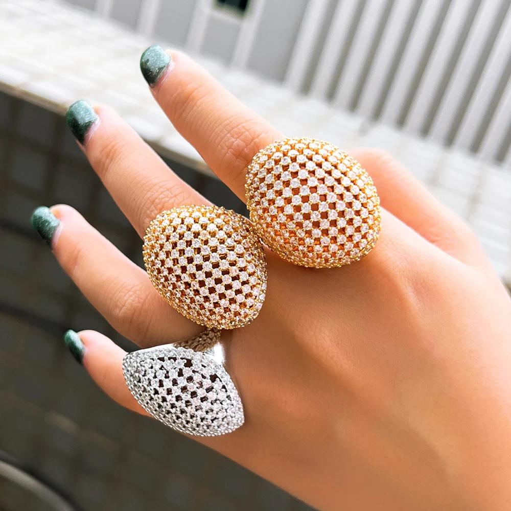 BeaQueen Luxury Dubai Gold Color Big Chunky Ring Round Cubic Zircon Setting Statement Jewelry for Women Wedding Party Gift R157