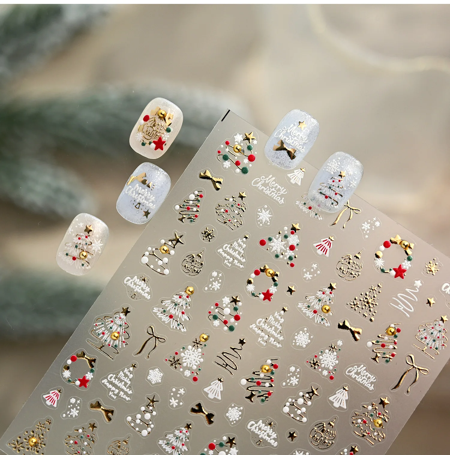 Pegatinas navideñas 3D doradas para decoración de uñas, diseño de lazo de copo de nieve y árbol de Navidad, calcomanías Nai para manicura navideña