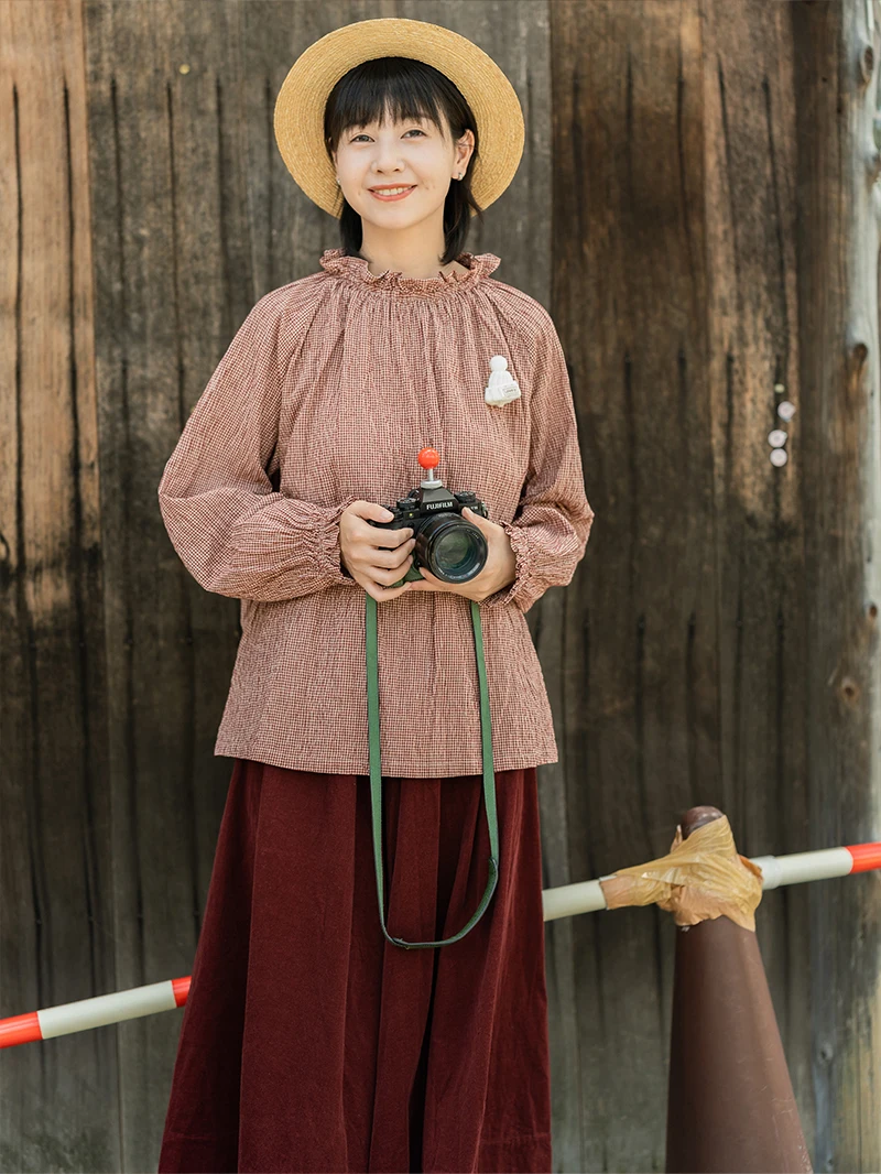 

Classic Red Plaid Guitai Collar Pullover irt Autumn Top for Young Women Commute Sle Loose Fit Long Sve Cotton Blend