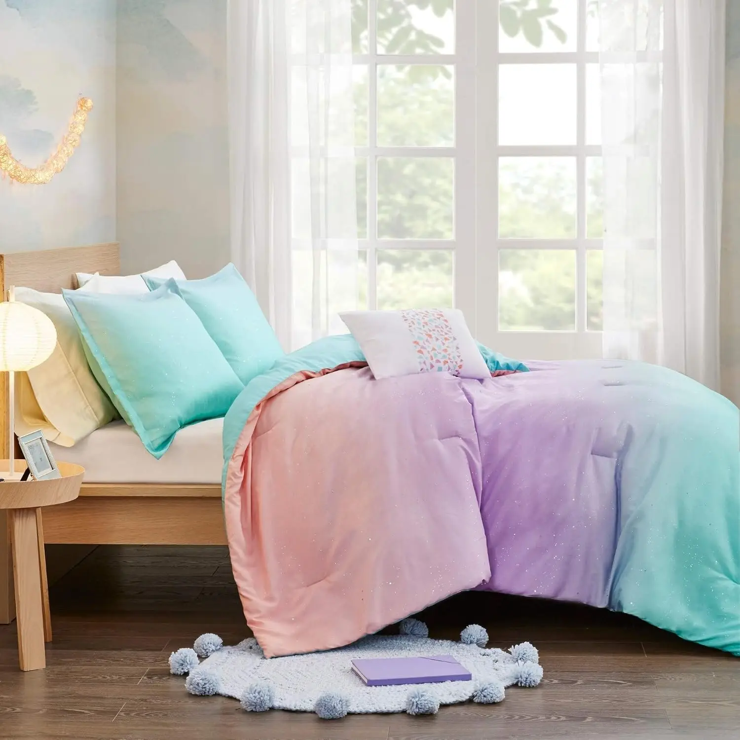 

4 Piece Aqua Ombre Comforter Full Queen Set, Blue Pink Glitter Rainbow Bedding Teen Bedroom Abstract Pattern Whimsical Flair M