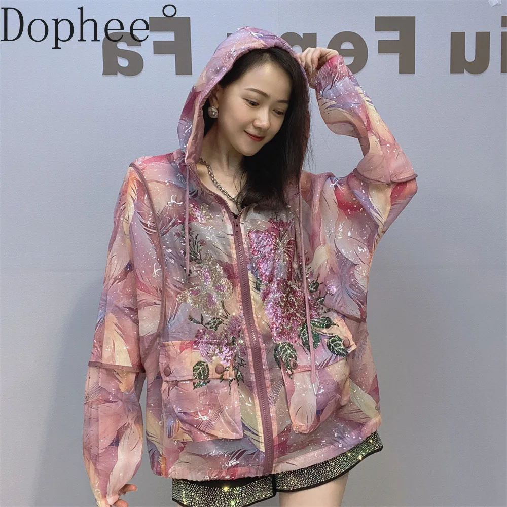 

Floral Sunscreen Clothing 2025 New Summer Long Sleeve Hooded Cardigans Coat Shiny Hot Drilling Fashion Women Zip Thin Jacket