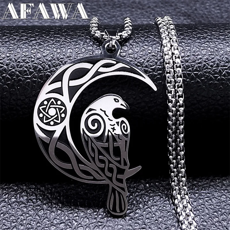 Wicca Crescent Moon Knot Raven Stainless Steel Chain Necklace for Women Men Vintage Odin Crow Necklaces Jewelry collier femme