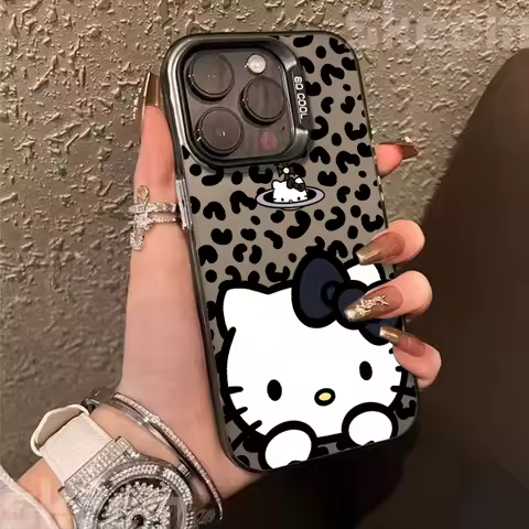 Hello Kitty Leopard Print Electroplate Silver IMD Phone Case For Samsung Galaxy S25 Ultra S24 Plus S23 FE S22 S21 S20 A34 Cover