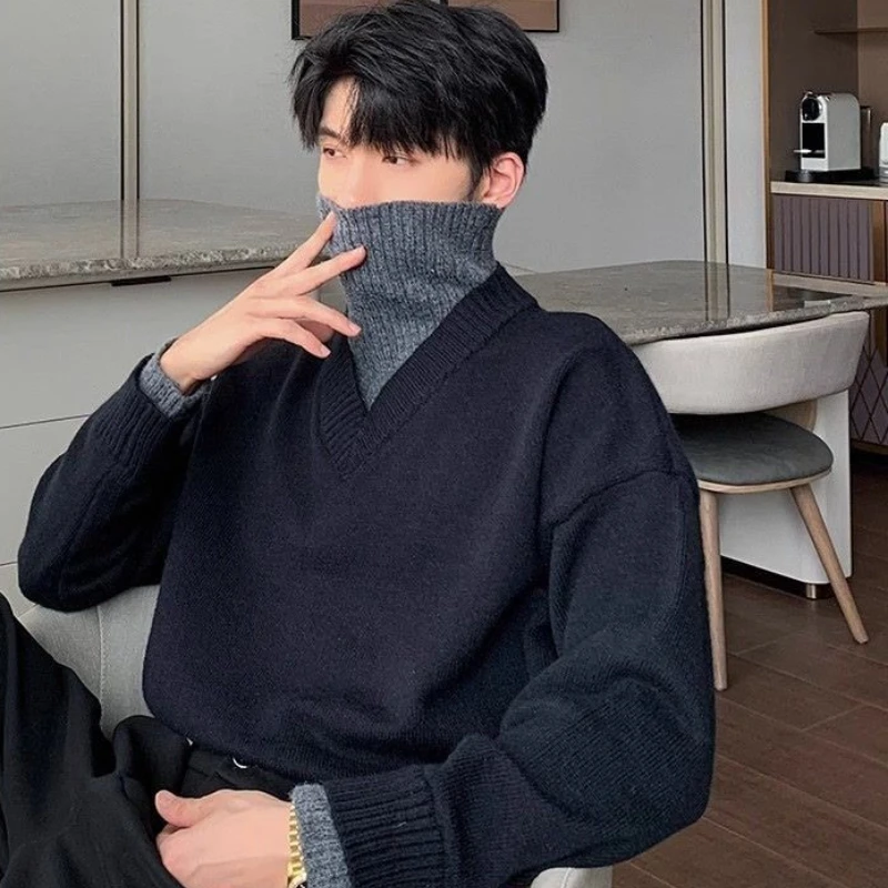 

Поддельный пуловер из двух предметов, мужская дизайнерская уличная одежда, трикотажные предложения, 2025 Harajuku, повседневный топ, черные вязаные свитера для мужчин