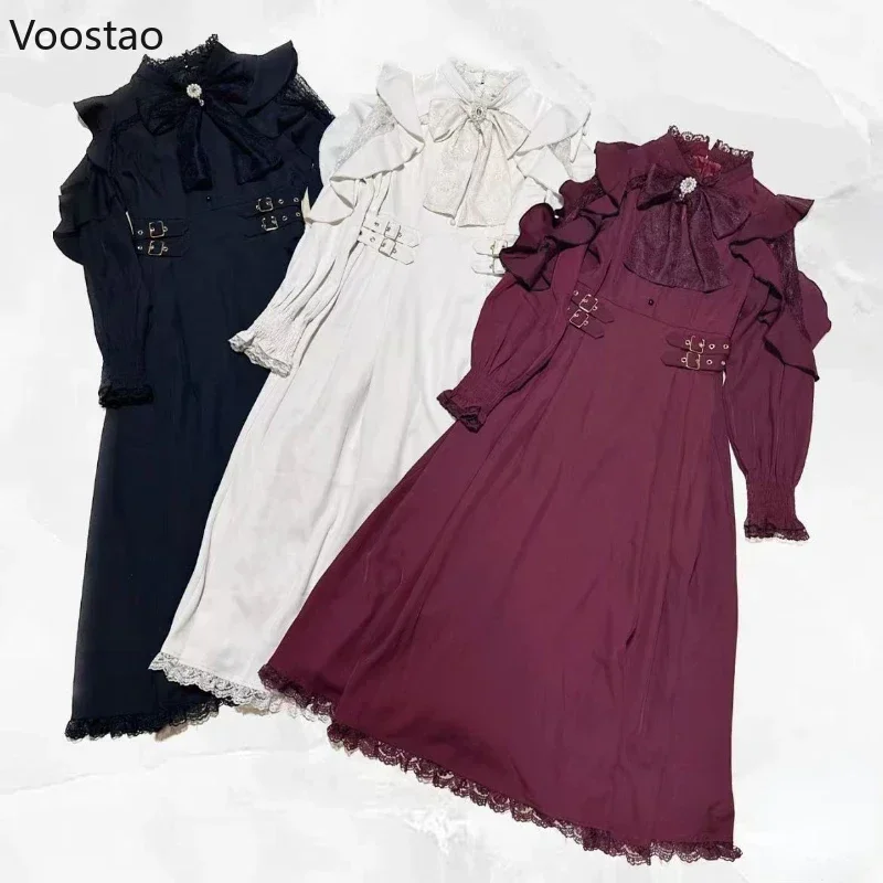 Japanese Style Gothic Y2k Lolita Dress Bow Lace Ruffles Long Sleeve Elegant Midi Dresses Sweet Women Casual Punk Party Vestidos