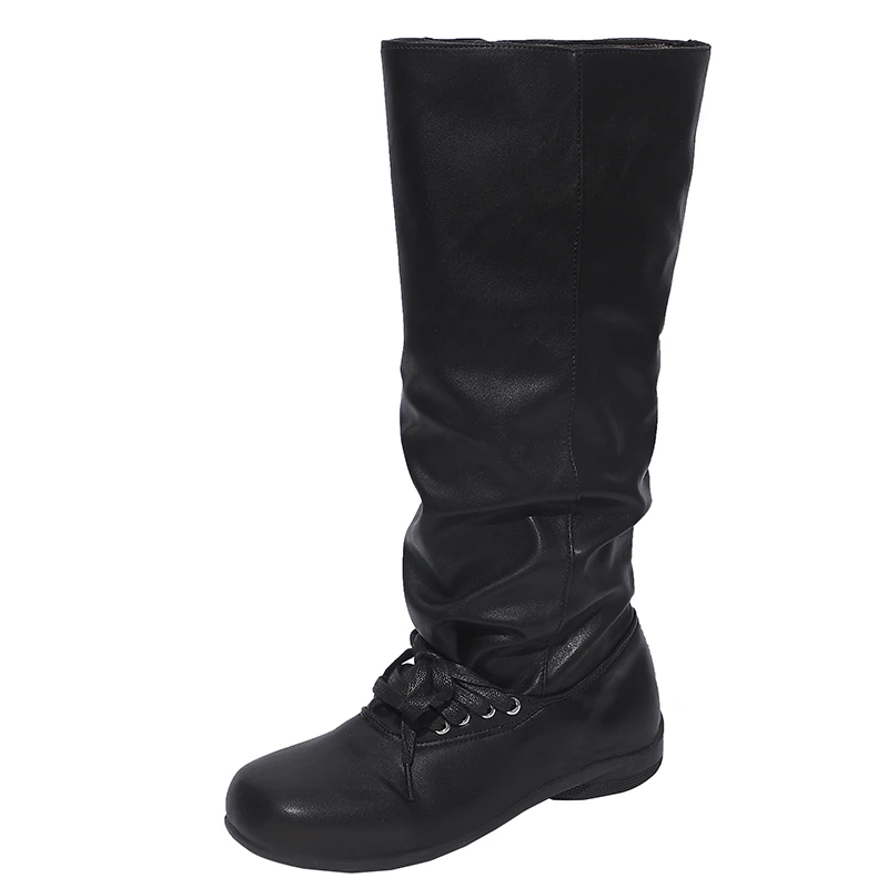 2025 Designer New Women High Boots Fashion Flats Shoes Winter Pleated Lace Up Knee High Chelsea Boots Brand Casual Woman Botas