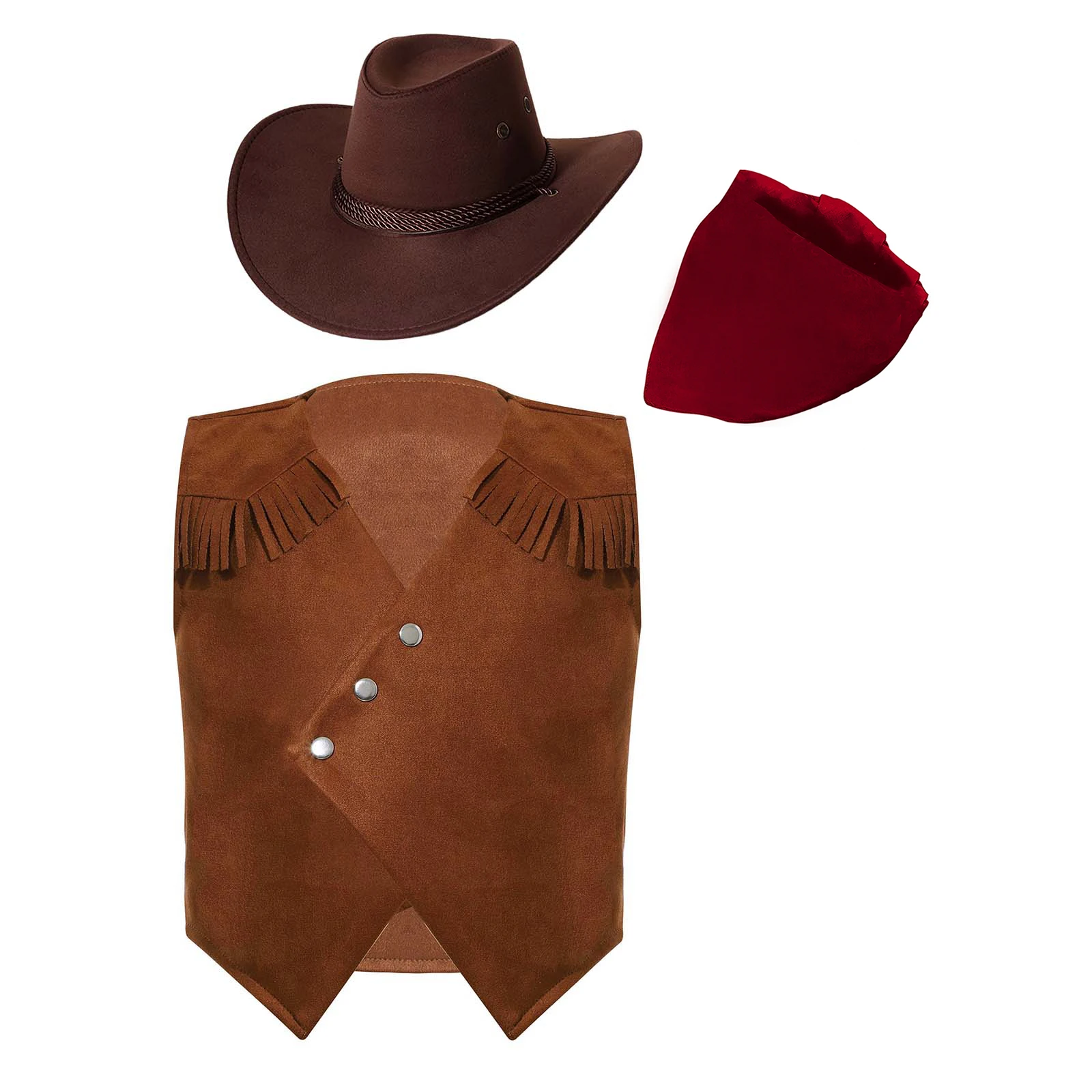 

Детский ковбойский костюм в стиле вестерн для подростков, аксессуары, ковбойская шляпа, жилет с открытой передней частью и бандана с принтом, костюм из трех предметов для косплея на Хэллоуин