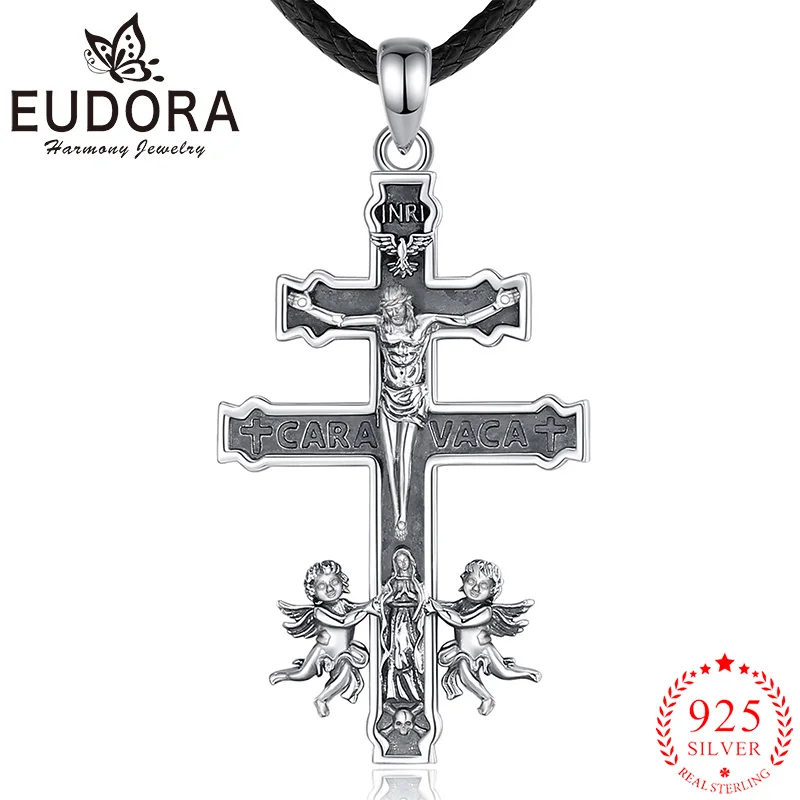 Eudora 925 Sterling Silver Caravaca Cross Necklace Jesus Cross Vintage Pendant Virgin Mary Angel Religious Jewelry Men Fine Gift