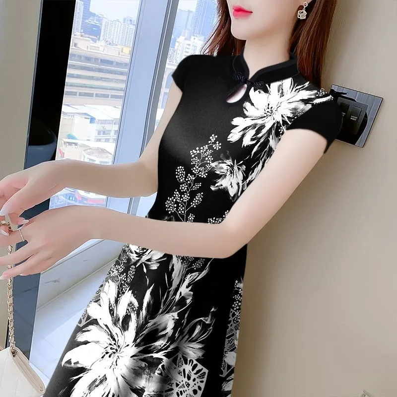 

2024 Summer New Mid Length Improved Cheongsam Dress Minimalist Print Lining Cover The Belly Noble and Stylish Mid Length Skirt