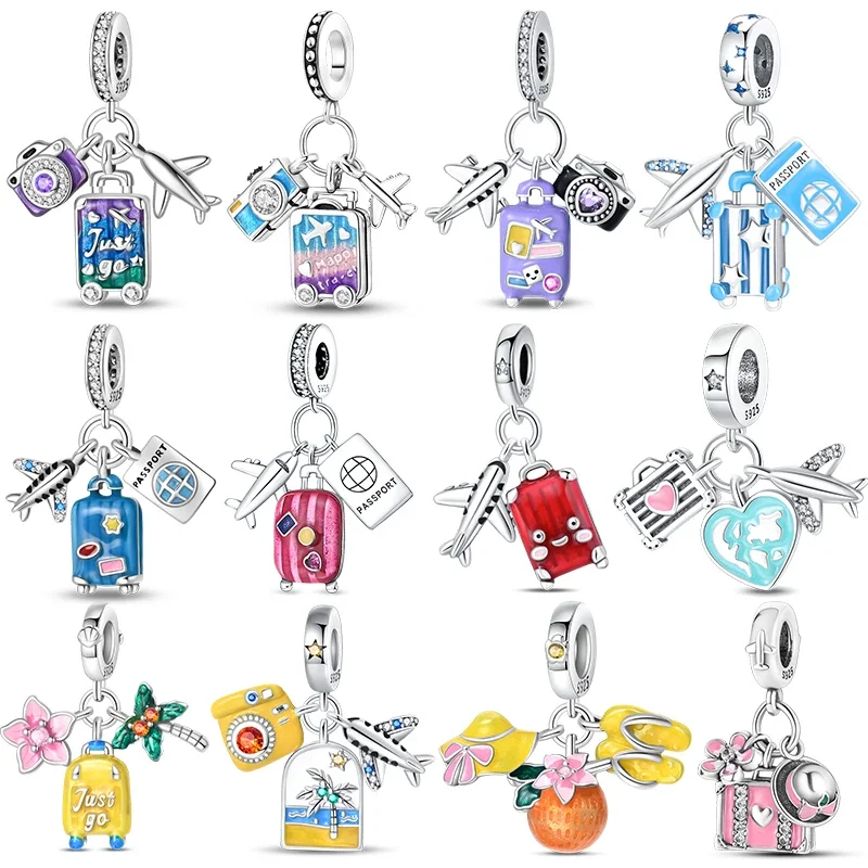 925 Sterling Silver Fashion Colorful Travel Luggage Charms Beads Fit 4MM hole diameter Bracelets DIY Anniversary Jewelry Gift