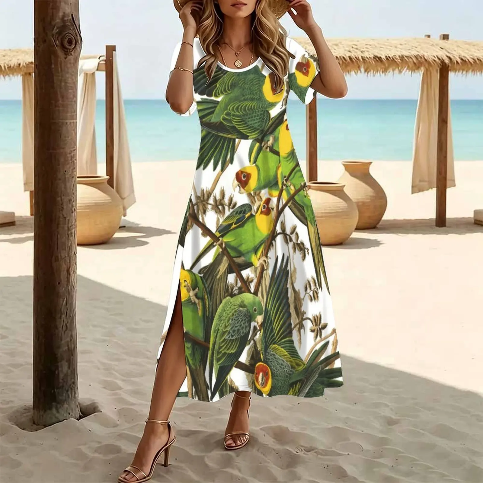 Carolina Parakeet - John James Audubon Women's Round Neck Short Sleeve Split Long Dress