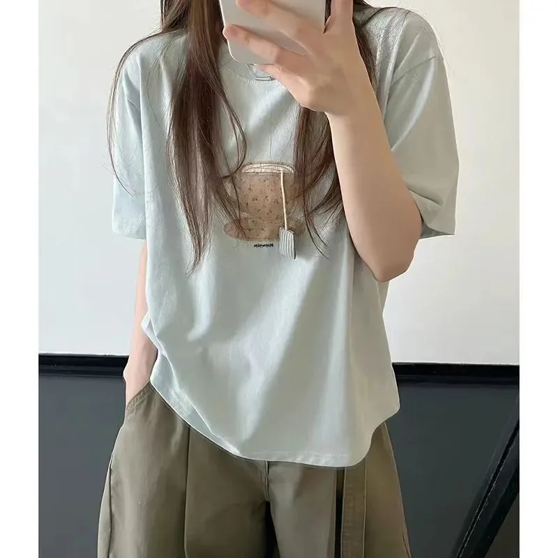 Women Korean Ins Style Afternoon Tea Patch Embroidery Cotton Short Sleeve T Shirt Loose Casual Summer Top