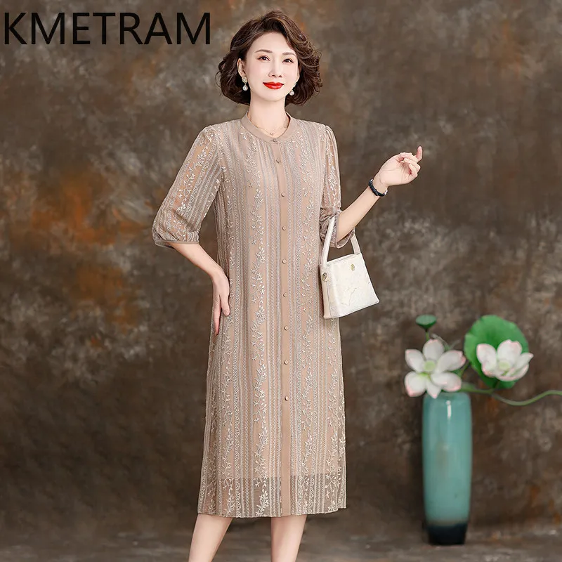 KMETRAM 100% Mulberry Silk Dresses for Women 2026 Summer Middle-aged High-end Elegant Striped Khaki Half-sleeve Dress Ropa Mujer