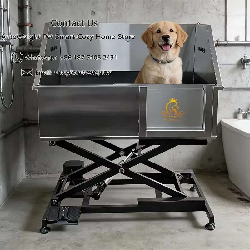 

Stainless Steel Electric Lifting Pet Bath Sink Collapsible Water Baffle Dog Washing Station for Pet Shop