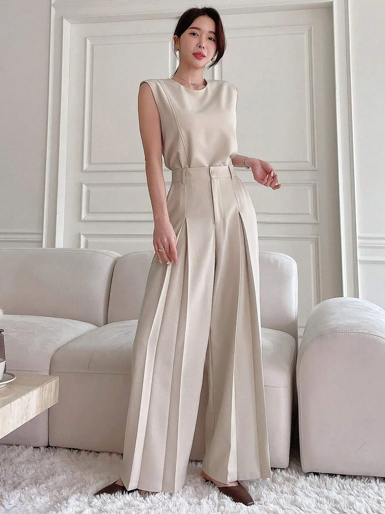 

Комплект из 2 предметов: женский повседневный деловой костюм с топом без рукавов и брюками с широкими штанинами, летняя рабочая одежда для женщин