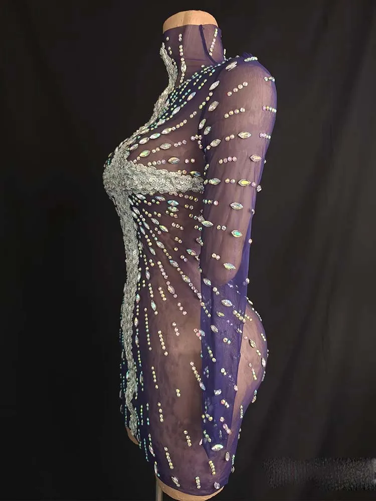 Abito da donna sexy con strass di alta qualità trasparente in rete nera che abbraccia l'anca 2025 Abbigliamento da donna personalizzato di nuova moda