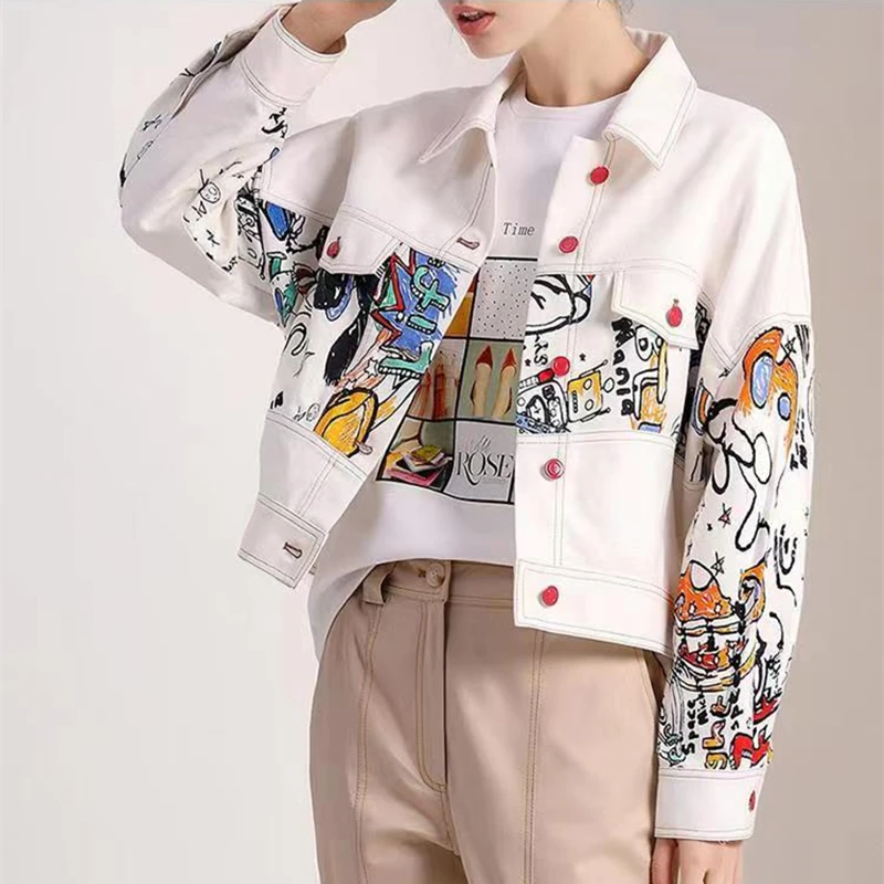 Chaqueta vaquera blanca con grafiti de dibujos animados para mujer, diseño creativo, ropa de calle informal, chaquetas vaqueras cortas, primavera y otoño, 2025