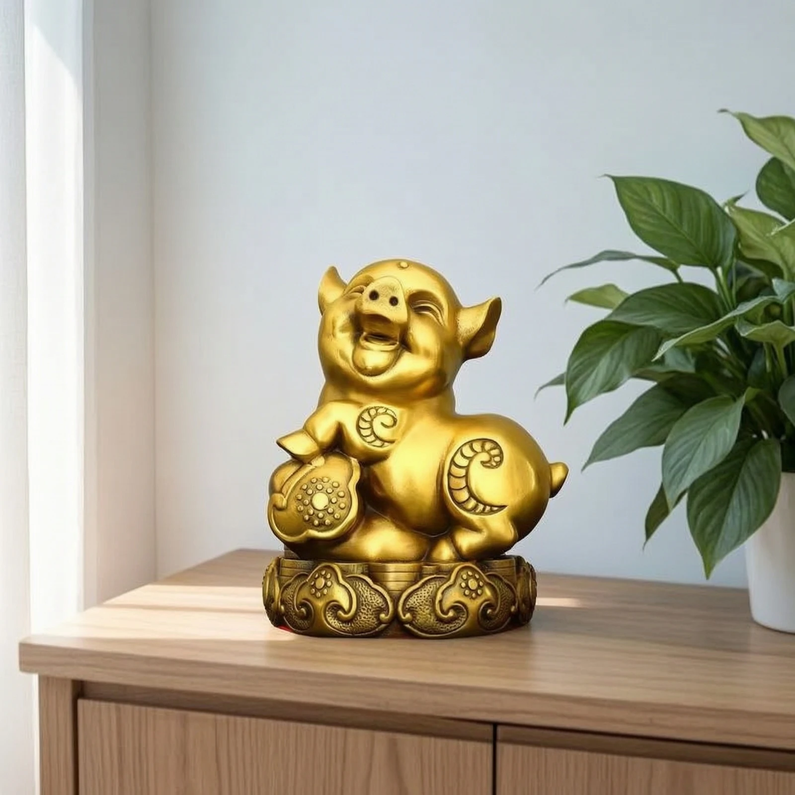 Pig Statue with Base Gold-Toned Pig Figurine Astrological Ornament Traditional Auspicious for Collectors, Desk, Shelf