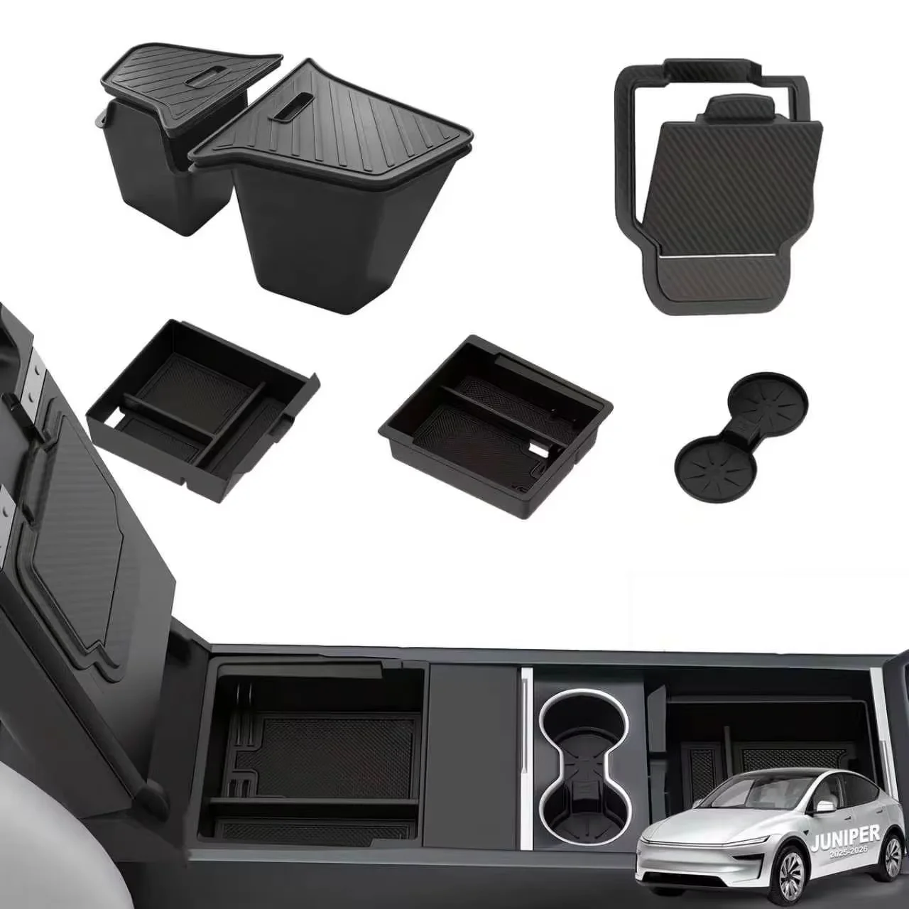 For 2025-2026 Tesla Model Y Juniper All-in-One Center Console & Trunk Storage Set, Custom-Molded OEM Fit Interior Organizer Easy To Clean