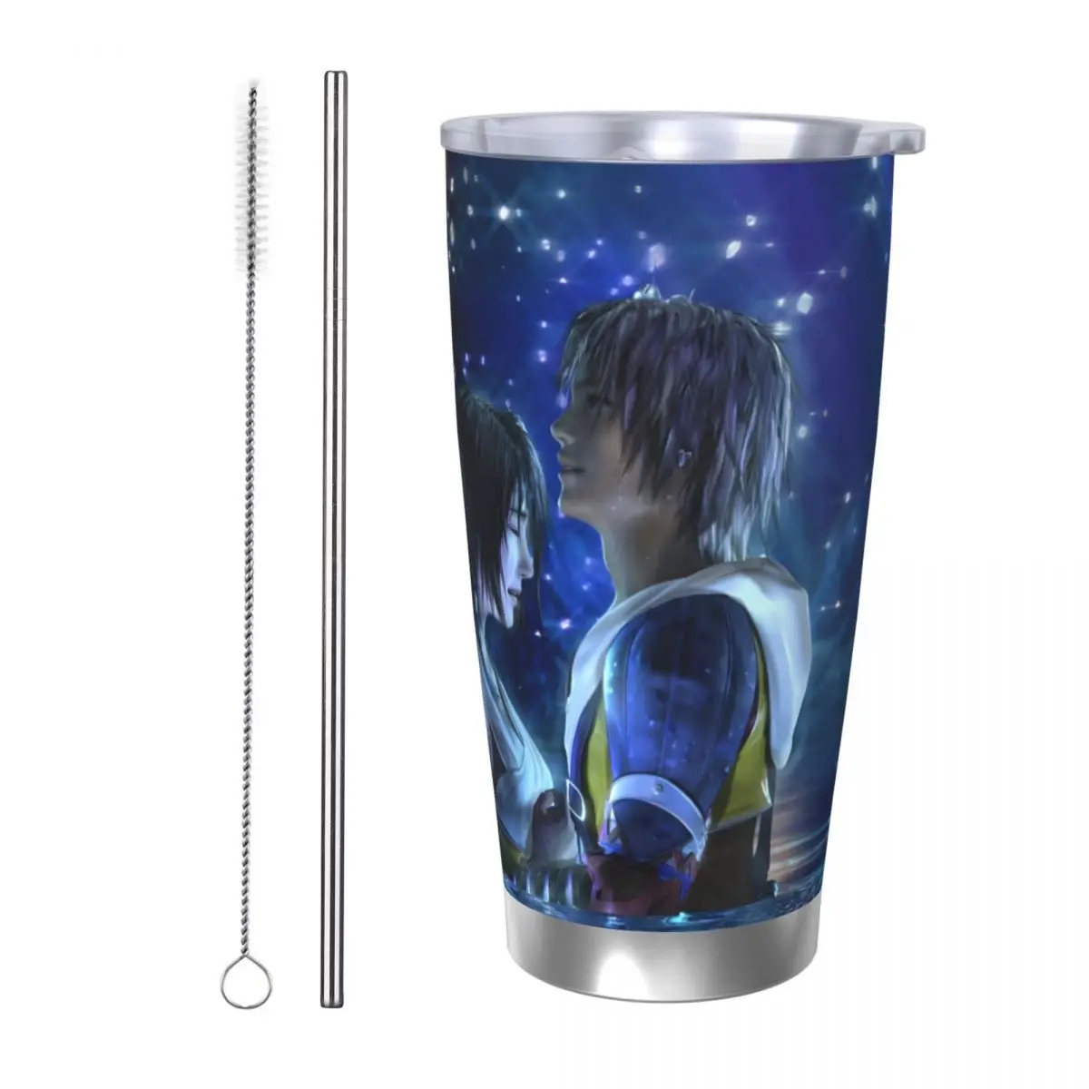 F-Final-Fantasy-XV 20oz Stainless Steel Car Mug Straw Thermal Iced Travel Cup Vacuum Insulated Coffee Hot Cup