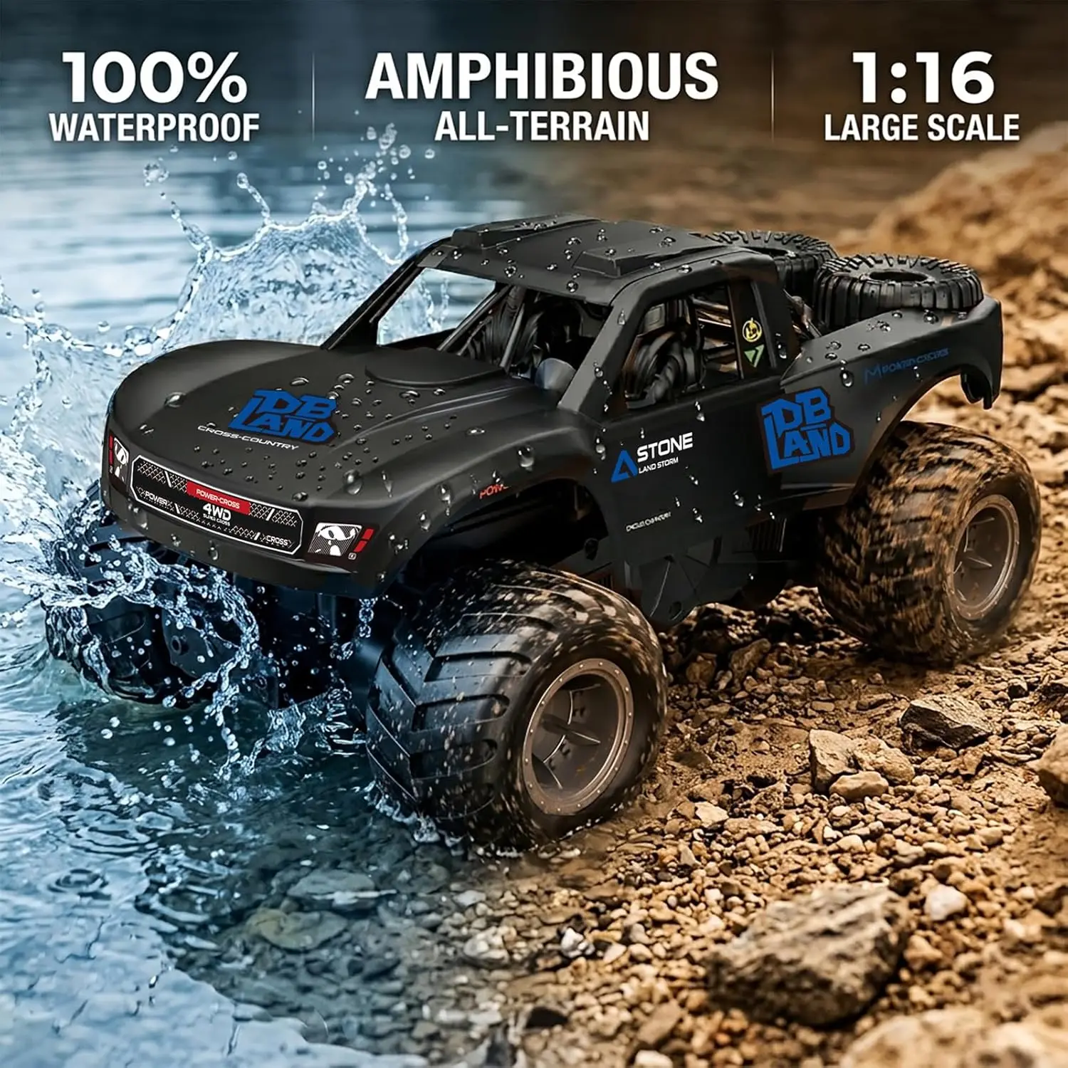 Land & Water RC Monster Truck - 4WD Waterproof 1:16 Large All Terrain Off Road Vehicle RC Drift Cars Beach Pool Toys Gifts for Boys Kids 8-12