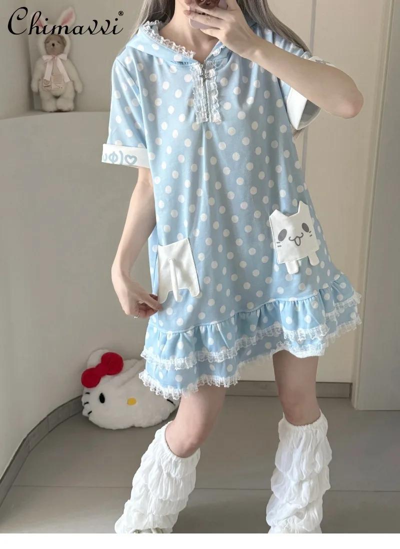 オリジナル水玉模様の青とグレーのプリント半袖Tシャツワンピース レディース 可愛いレース猫耳付きゆったりガールズカワイイショートドレス