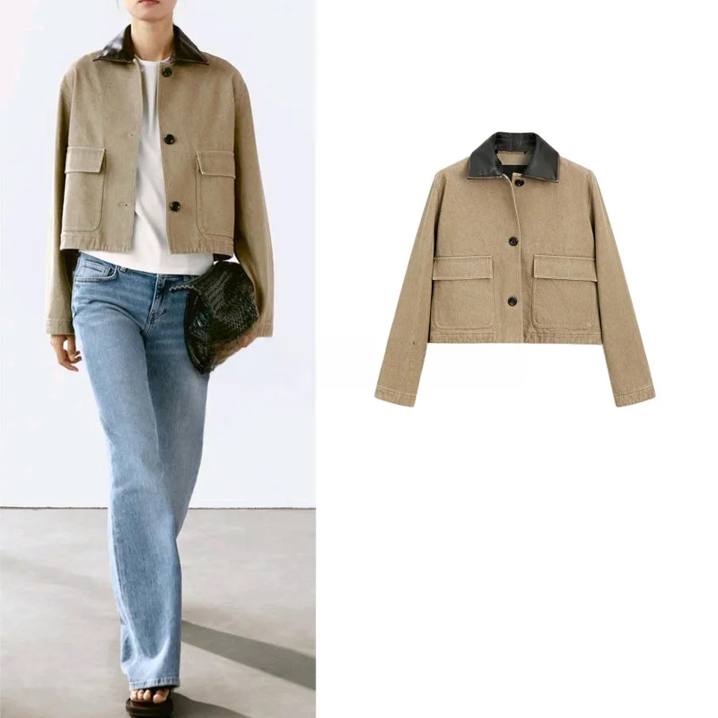 

MD Autumn New Women's Casual Sle Cool ort Jeans Jaet Collar Patchwork Breathable Polyester Fiber Long Sve Coat