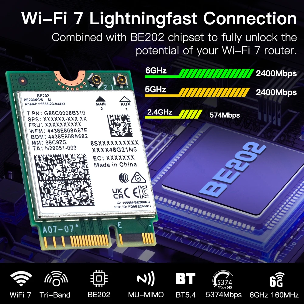 블루투스 5.4 트라이 밴드 무선 어댑터, WiFi7 BE202NGW 네트워크 카드, 5374Mbps, 2.4G, 5G, 6GHz, BE202 M.2 NGFF, Win10/11