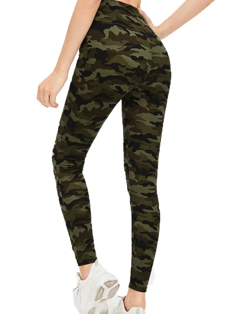 Summer Camouflage Printed Leggings Women Cutout Ripped Slim Stretch Trousers Army Green Leggins Sexy Pants