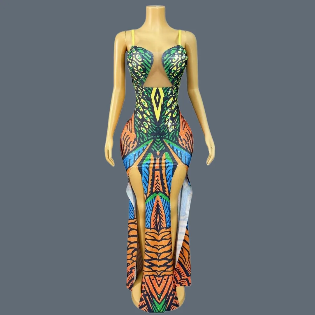 

Printing Birthday Celebrate Party Sparkly Slip Long Dress Fashion Sexy Women Chic Couture Spandex Elastic Evening Gowns Mifeng