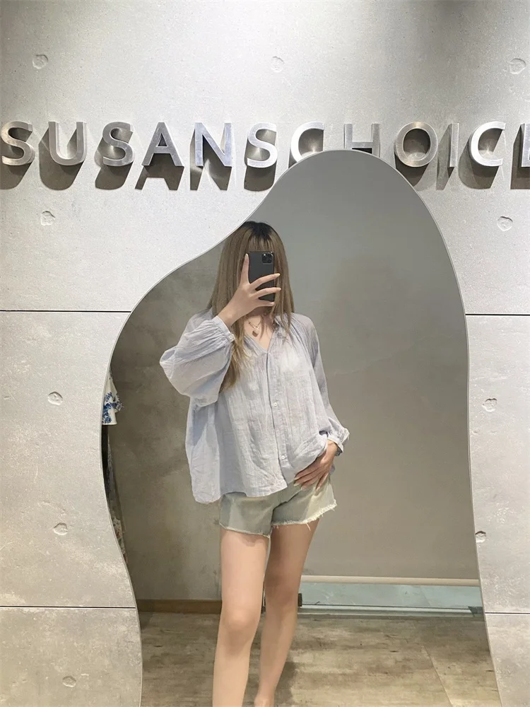 Susan casual solto longo sve algodão azul redondo ne irt top feminino confortável respirável roupa de verão