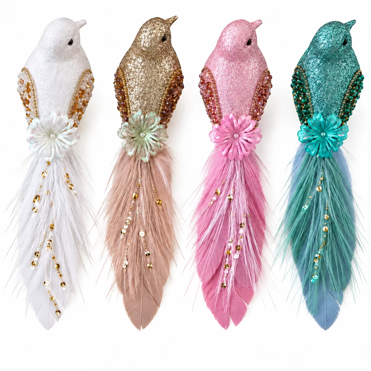 4PCS Artificial Bird Ornaments Multicolor Feather Decorations for Home Garden Tree Display