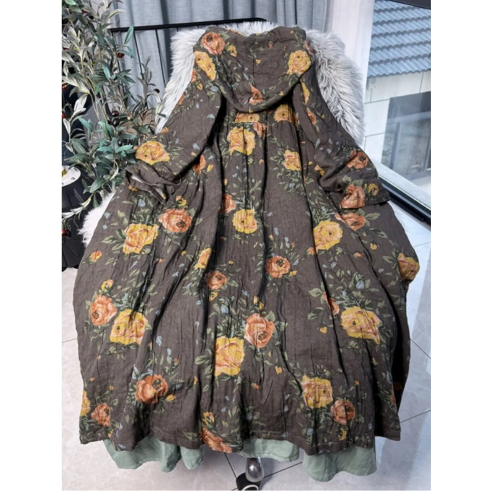 Romantic Style Artistic Print Large Swing Hooded Long Sleeved Dress Women Mid Length Windbreaker Trench Coat MCP005