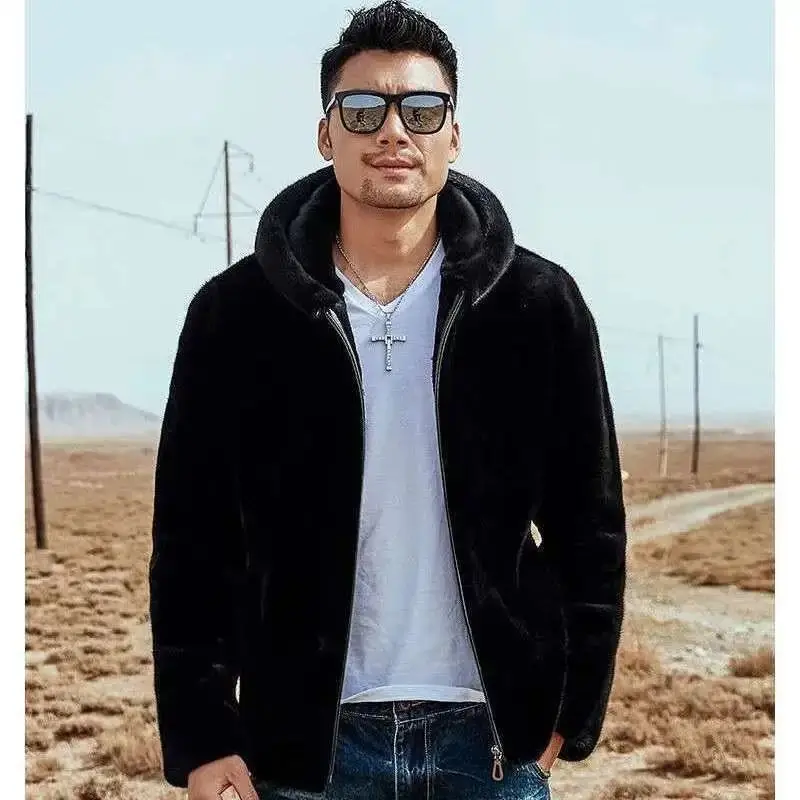 

Autumn Winter 2022 New Men's Faux Fur Mink Top Short Hooded Coat Jackets Plush Fluffy Coat Male Warm Overcoat Men Clothing T107