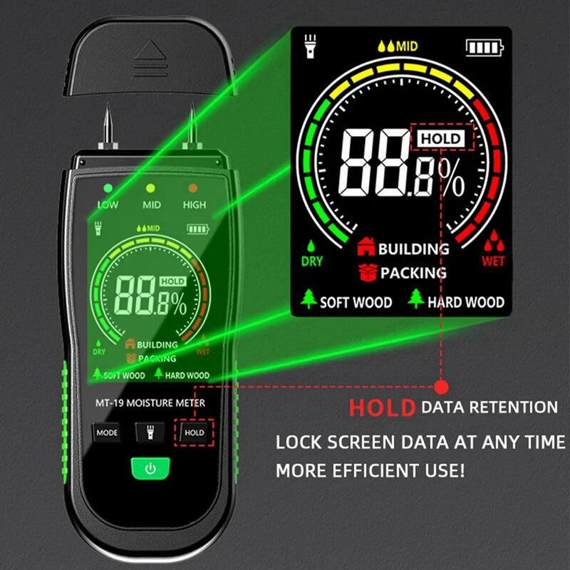 Mt19 Farbbild schirm Holz Feuchtigkeit messer Wand Feuchtigkeit gehalt Tester Pappe Feuchtigkeit detektor Zement Ziegel Feuchtigkeit langlebig