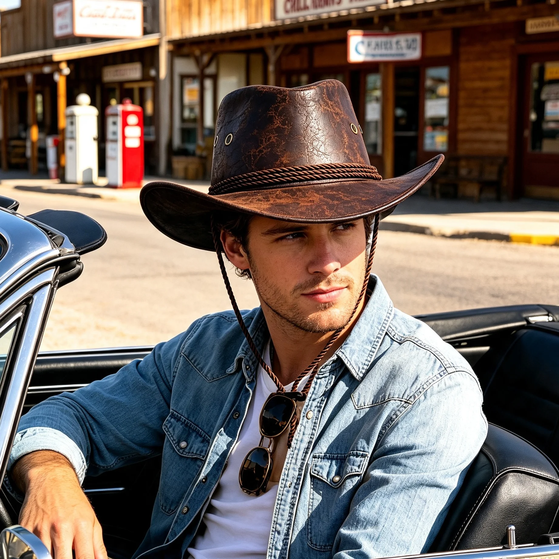 Retro PU Leather Cowboy Hat Wide Brim Western Outback Hat with Chin Strap Halloween Cosplay Punk Rock Party Outdoor Sun Hat