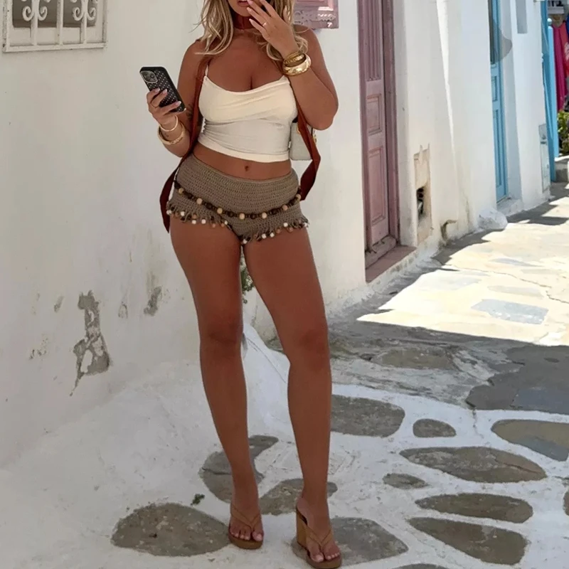 Women's Summer Elastic Low Rise Sheer Slim Fit Shorts Trendy Colorful Bead Decor Tassel Hem Knitwear Bottoms Bikini Coverups