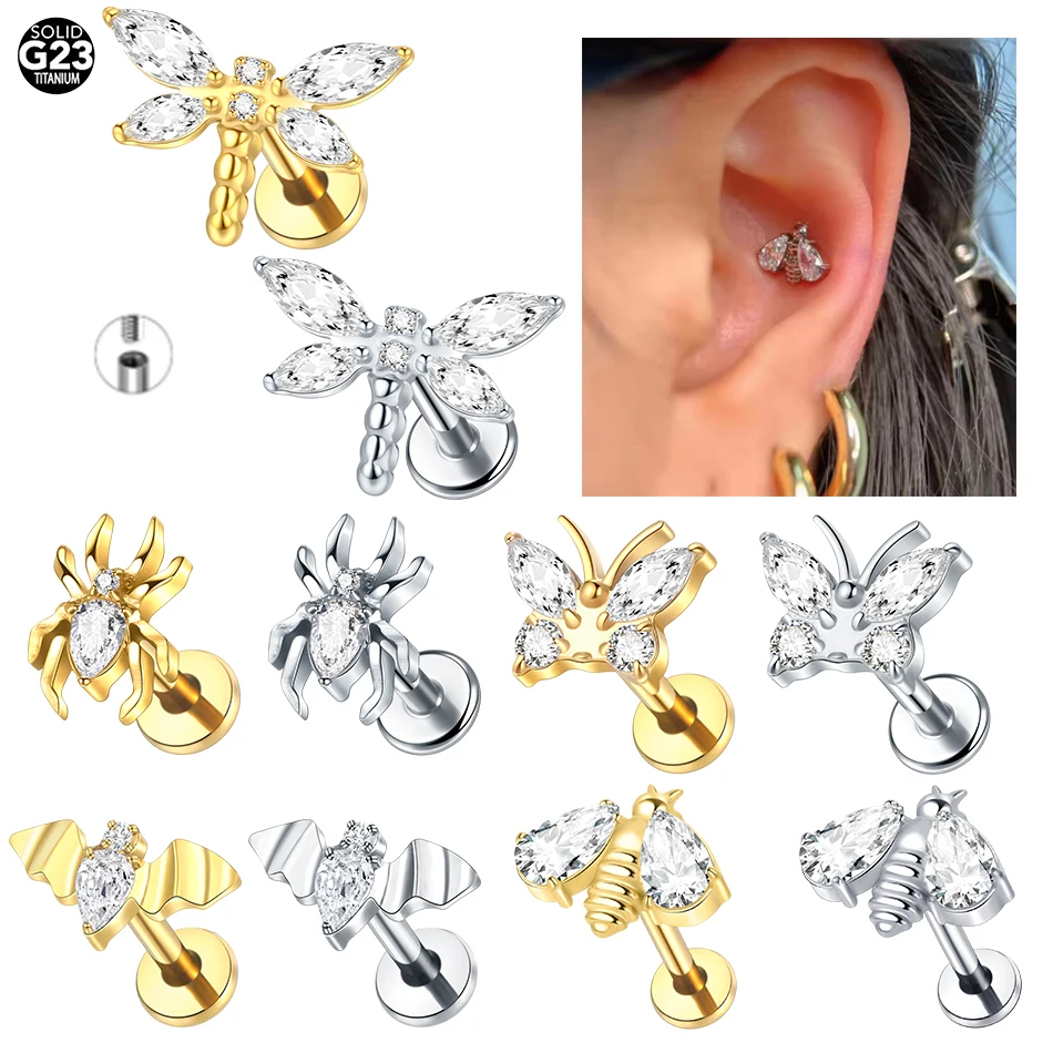 1PC Butterfly Bee Labret Piercings Cluster Crystal Tragus Earring Flat Cartilage Helix Stud Earrings Zircon Lip Piercing Jewelry