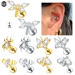 1PC Butterfly Bee Labret Piercings Cluster Crystal Tragus Earring Flat Cartilage Helix Stud Earrings Zircon Lip Piercing Jewelry