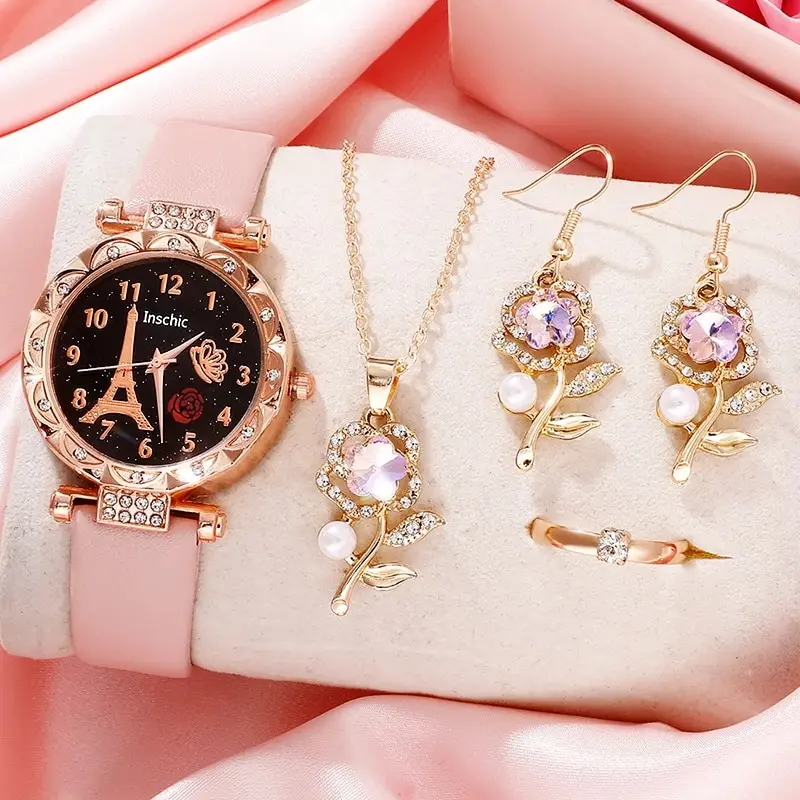 Fashion Women Watches Round Flower Watch Exquisite PU Leather Strap Quartz Wrist Watch Simple Casual Dress Bracelet Clock Gift