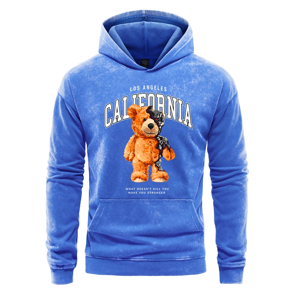 Mechanical Bear California Letter Print Men Snow Wash Hoodie Autumn Loose Hoody Casual Loose Pullover Vintage Cotton Sportswear