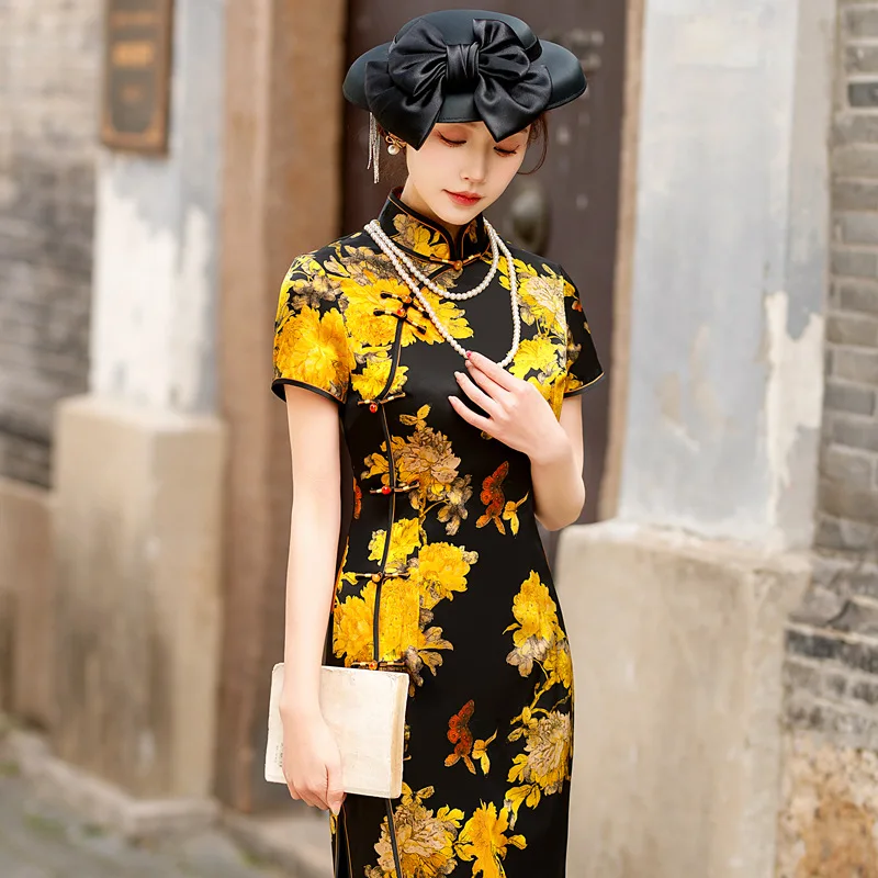 Improved Quality Real Silk Cheongsam Qipao Vintage Dress Fitted Chinese Formal Chi-Pao