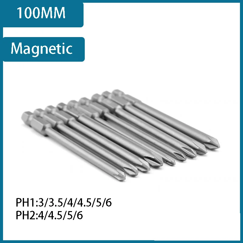 

100mm S2 Magnetic Cross Screwdriver Bit Set - Phillips, Electric Drill Compatible - 10pc Sizes: PH1 PH2