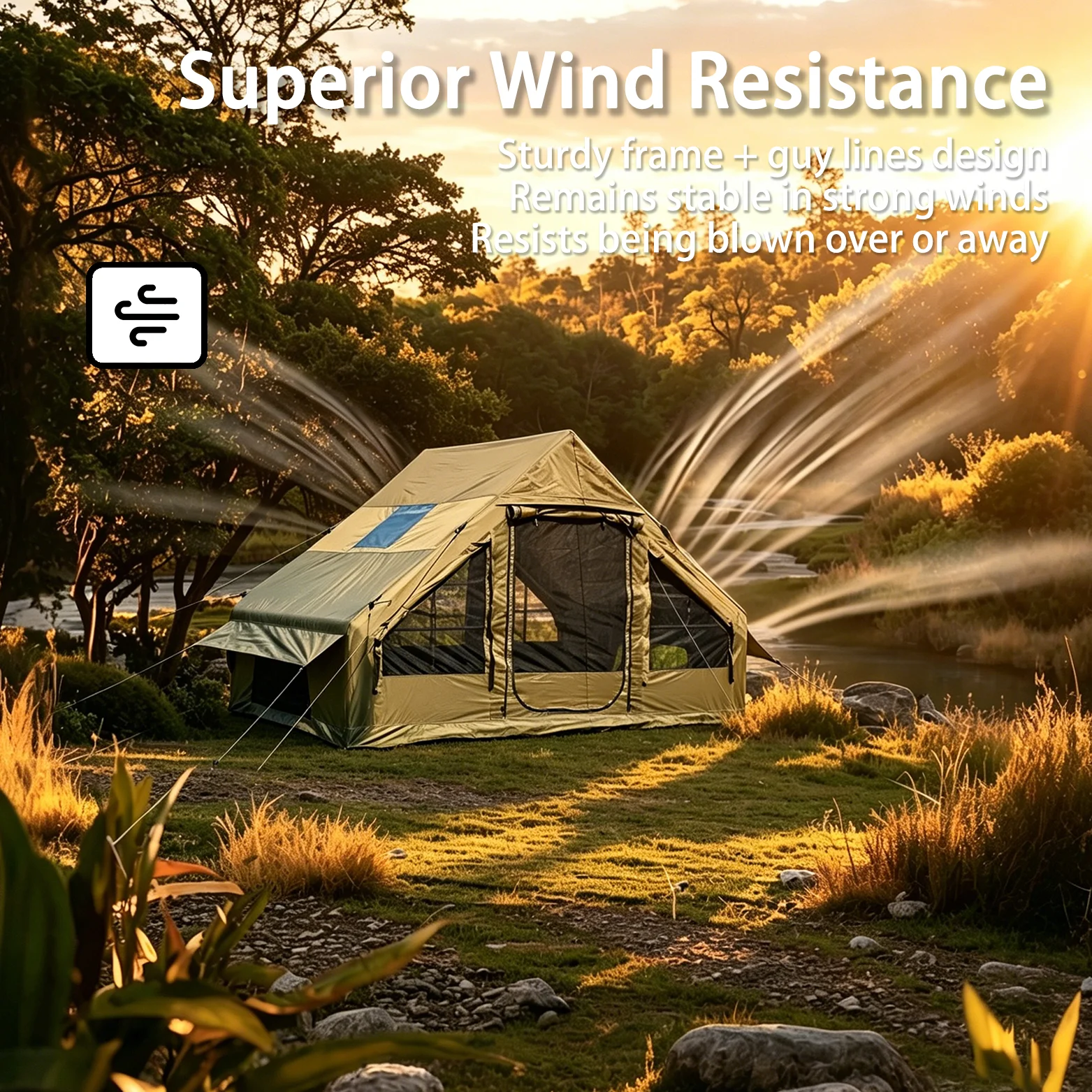 Dark Green 6.3㎡ Inflatable Camping Tent for 3-4 Person, 300D Oxford Forest Style Ridge Air Tent with Double U-Door