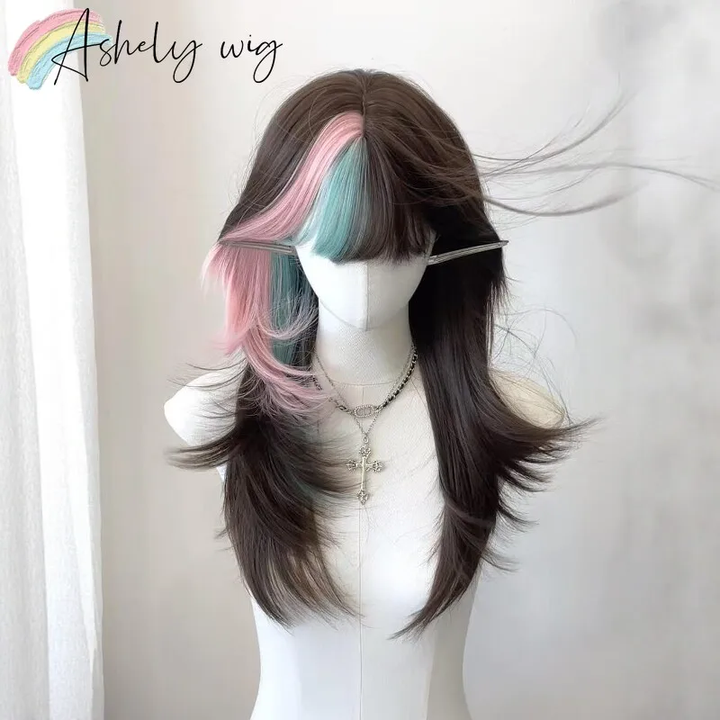 Dark Brown Layered Wig with Pink Teal Highlights Synthetic Wig Lolita Straight Hair Wig for Cosplay E-Girl Harajuku Street Style