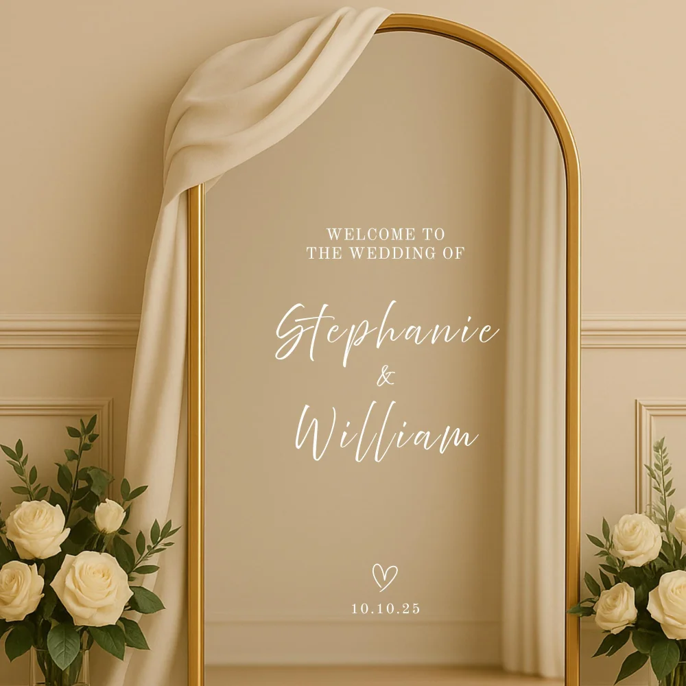 Calcomanía de espejo de boda, pegatina personalizada, señal de bienvenida, vinilo, lámina dorada, Bienvenidos A Nuestra Boda, nombre y fechas, decoración de boda