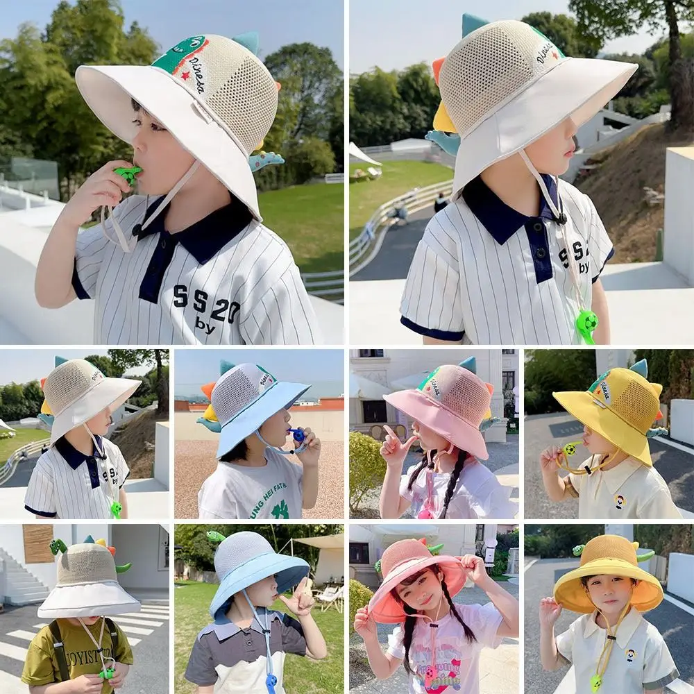 

Outdoor With Whistle Kids Bucket Hat UV Protection Wide Brim Sun Cap Cartoon Breathable Beach Cap Toddler