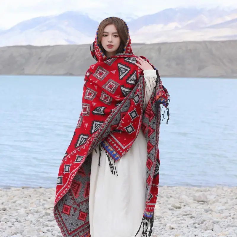 Poncho Imitation Cashmere New Ethnic Style Tourism Cloak Women's Hooded Warmth Thickened Scarf Photo Overlay  Knitted Shawl Red