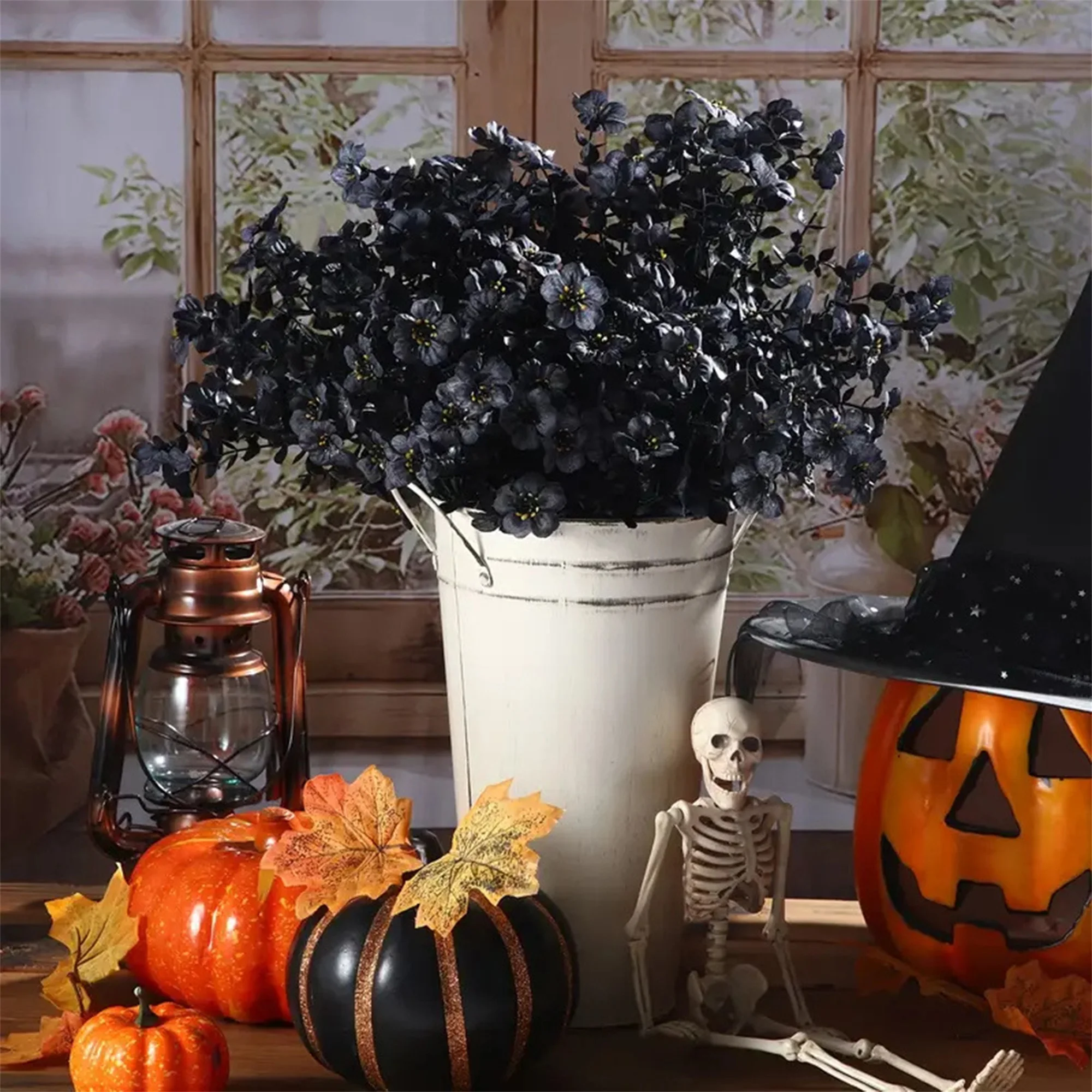 Artificial Halloween Flowers with Eucalyptus Leaves for Home Garden Porch Decor - Silk Decorative Floral Arrangement